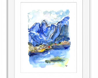 Print Norway Houses Among Fjord- Illustration Travel City Watercolors