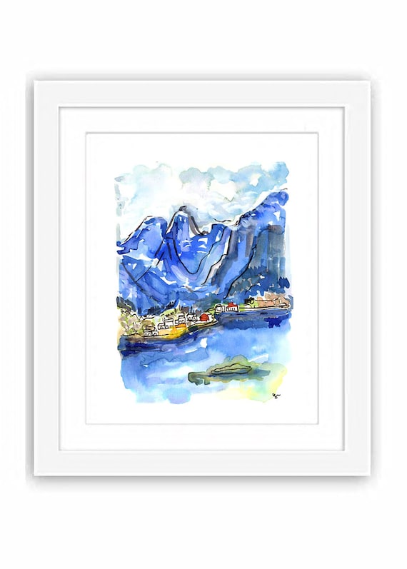 Print Norway Houses Among Fjord- Illustration Travel City Watercolors