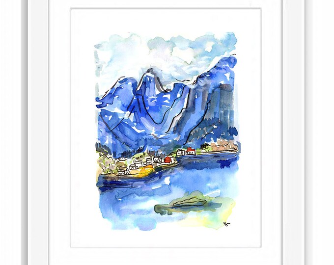 Print Norway Houses Among Fjord- Illustration Travel City Watercolors
