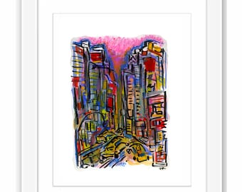 Print Times Square at Sunset New York City Watercolor and Gouache Painting, NYC Illustration