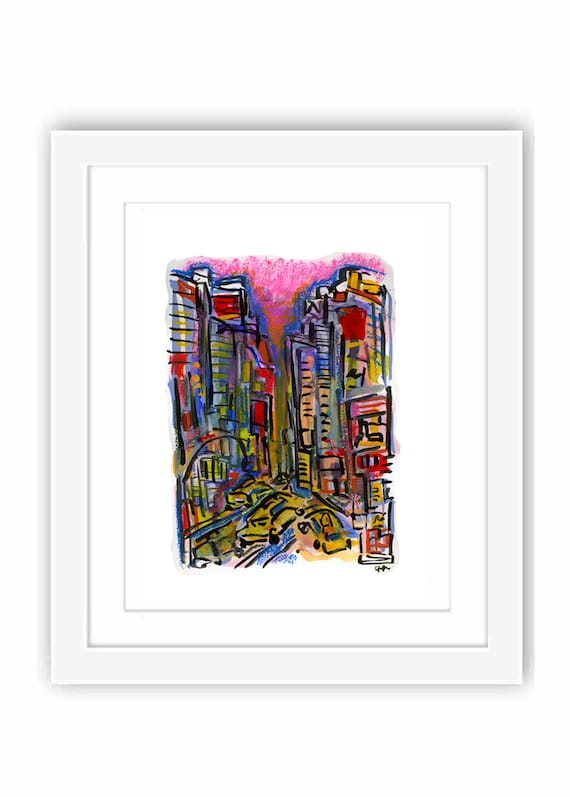 Print Times Square at Sunset New York City Watercolor and Gouache Painting, NYC Illustration