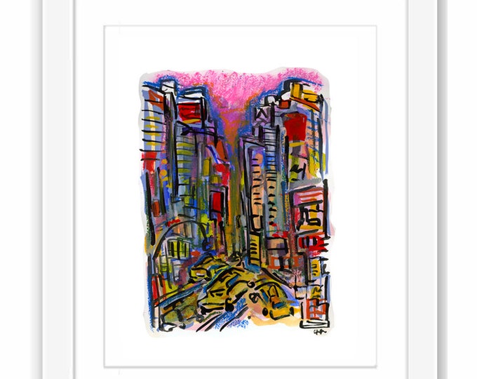 Print Times Square at Sunset New York City Watercolor and Gouache Painting, NYC Illustration