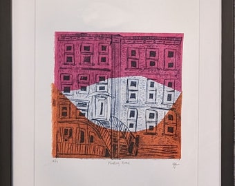 Framed Original Intaglio and Chine Colle Print  - Finding Home 6 of 7 - Printmaking on Paper - Abstract Illustrative City in Shapes