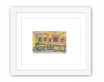 Print and Framed - Print San Francisco City Lights Bookstore - Mixed Media Watercolor Collage Illustration