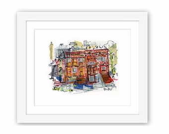 Print and Framed - Print Windsor Terrace Park Slope Brownstones - New York City Mixed Media Ink and Collage Urban Brooklyn Scene