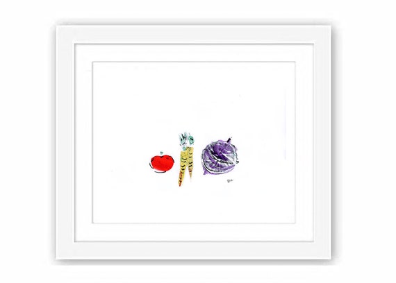 Print of Mixed Media Watercolor and Collage Cut Out Work on Paper Kitchen Vegetables -Abstract Illustration on Paper Midcentury Inspired Art