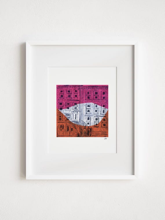 Print Brownstone City Reproduction- Print and Framed - Imagined City Town Midcentury Painting Primary Colors Shapes
