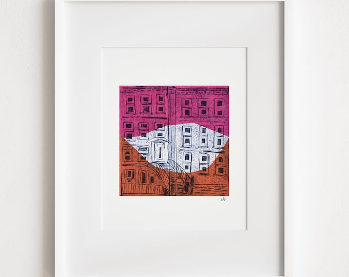 Brownstone City Print: Mid-Century Modern Town Art