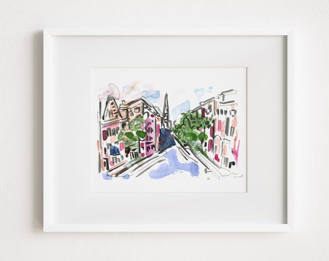 Hudson NY Watercolor Painting Print: Warren Street Art