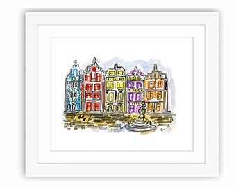 Amsterdam Houses - Print and Framed - Illustration Netherlands Travel City Watercolors