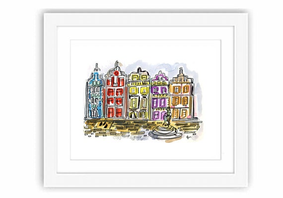 Amsterdam Houses - Print and Framed - Illustration Netherlands Travel City Watercolors