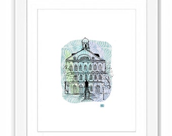 Boston Faneuil Hall Illustration - Print and Framed - Boston City Printmaking Mix Media Collage