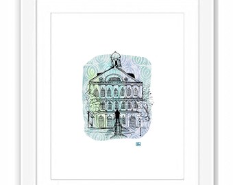 Boston Faneuil Hall Illustration - Print and Framed - Boston City Printmaking Mix Media Collage