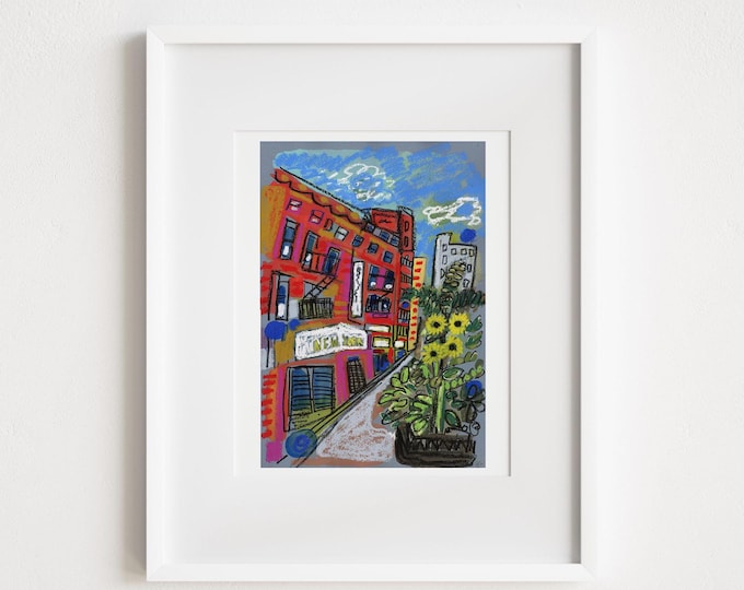 New York City Sunflowers Print: Urban Street Scene Illustration