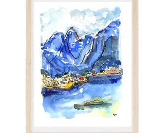 Print Norway Houses Among Fjord- Illustration Travel City Watercolors