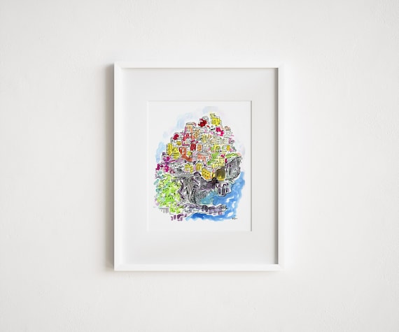 Print Cinque Terre Italian Riviera - Illustration Italy Travel City Watercolors