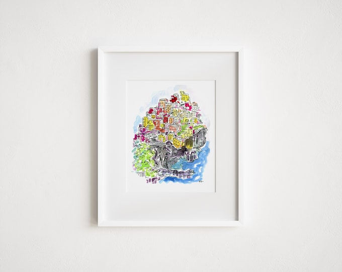 Print Cinque Terre Italian Riviera - Illustration Italy Travel City Watercolors