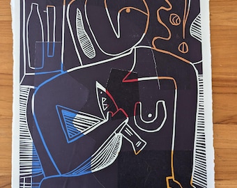 Original Woodcut Print: Abstract Faces, Chine Collé Art