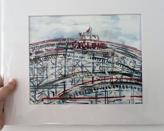 Original 8 x 10 Brooklyn Painting -  Cyclone in Coney Island - Mixed Media Ink and Watercolor on Paper