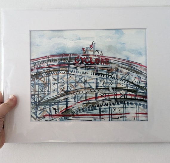 Original 8 x 10 Brooklyn Painting -  Cyclone in Coney Island - Mixed Media Ink and Watercolor on Paper