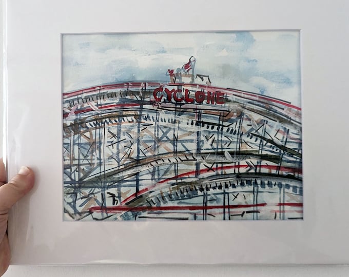 Original Coney Island Cyclone Painting: Ink & Watercolor Art (8x10)