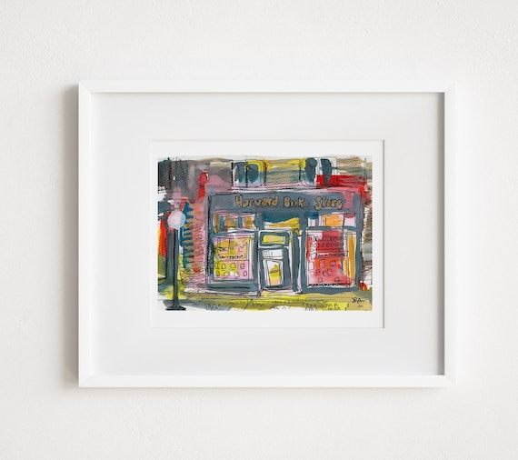 Print and Framed - Print Harvard Bookstore in Cambridge MA - Watercolor City Boston Bookstores