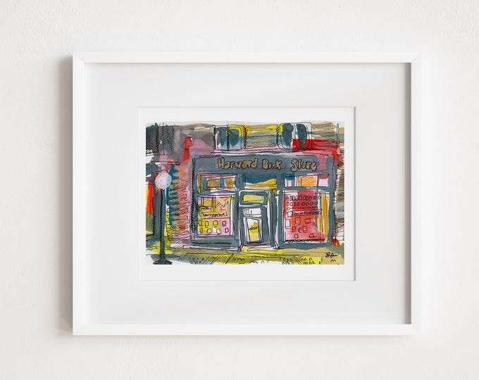 Print and Framed - Print Harvard Bookstore in Cambridge MA - Watercolor City Boston Bookstores