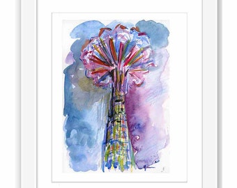 Coney Island Parachute Jump - Print and Framed - New York City Brooklyn Watercolor Prints Urban Sketch