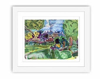 Jersey City Heights Riverview Park - Print and Framed - New Jersey Watercolor Illustration Painting New York City Skyline