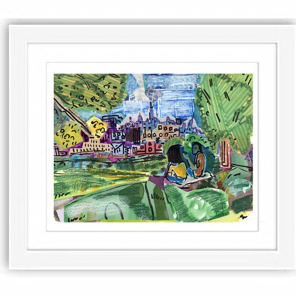 Jersey City Heights Riverview Park - Print and Framed - New Jersey Watercolor Illustration Painting New York City Skyline