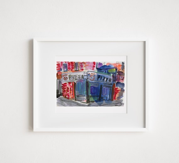 Di Fara's Pizza shop in Midwood Brooklyn - Print and Framed - Watercolor New York City Pizza Place Urban Sketch
