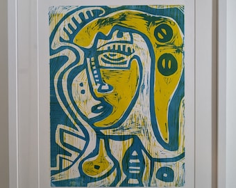 Framed Woodcut Print: Abstract Face, Blue Generative Selfie (8/10)