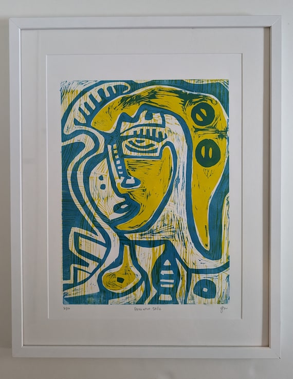 Framed Original Woodcut - The Generative Selfie in Blue 8/10  - Printmaking Abstract Face Paper Original Art on Paper