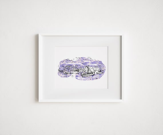 Mystic Connecticut - Abstract Illustration Block Printing American Travel Collage