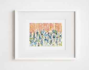 All The People of New York City - Print and Framed - Watercolor Print Urban Sketch Painting