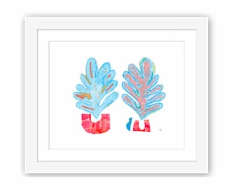 Mid-Century Inspired Folk Art Watercolor Collage Blue Leaves- Print and Framed - Retro Minimal Zen Illustration Matisse Inspired