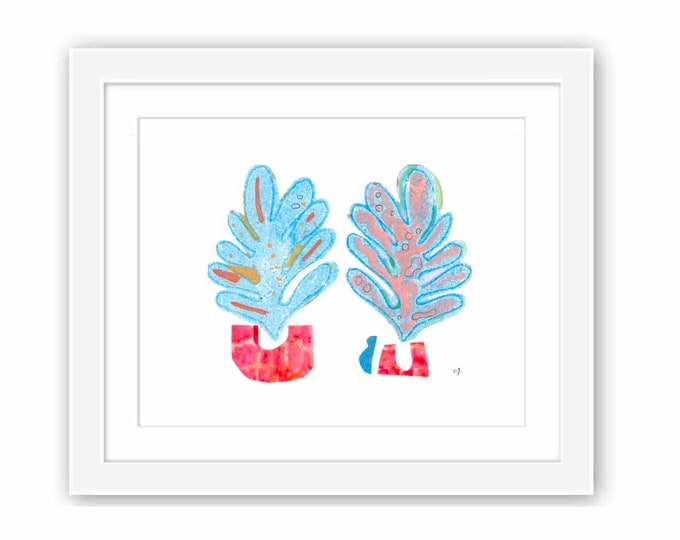 Blue Leaves Print: Mid-Century Modern Watercolor Collage, Framed