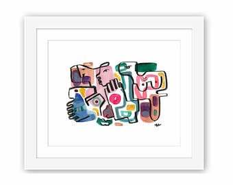 Abstract Faces and Color Watercolor Painting - Print and Framed - Retro Midcentury Minimal Zen Watercolor