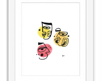 Abstract Faces and Color Watercolor - Print and Framed -  My Three Sides - Retro Midcentury Watercolor Folk Art Modernist Cubism