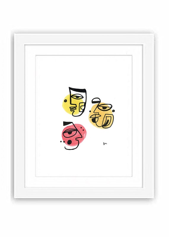 Abstract Faces and Color Watercolor - Print and Framed -  My Three Sides - Retro Midcentury Watercolor Folk Art Modernist Cubism