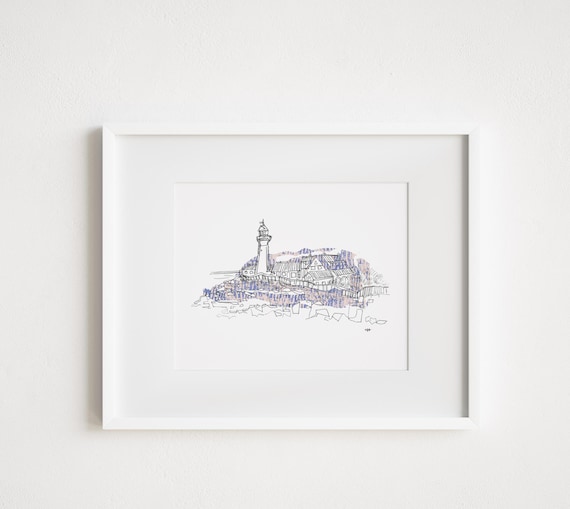 Portland Maine Head Light Lighthouse - Print and Framed - Abstract Illustration Block Printing American Travel Collage