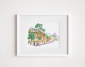 Hollywood Sign Print: Los Angeles Watercolor Illustration