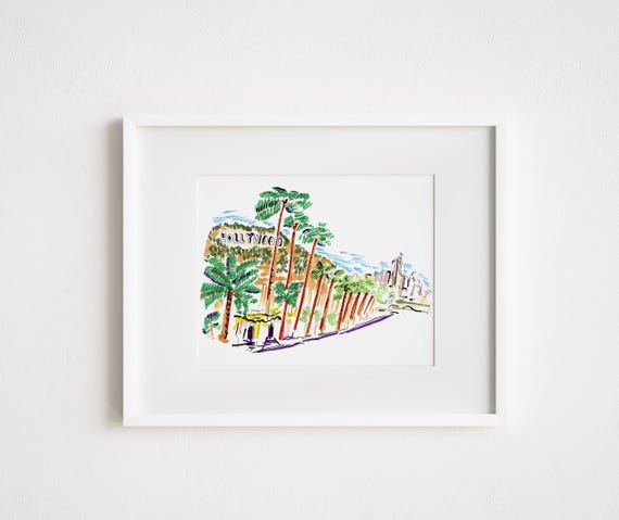 Los Angeles Hollywood Sign - Print and Framed - Urban Sketch California Illustration Watercolor Pen and Ink