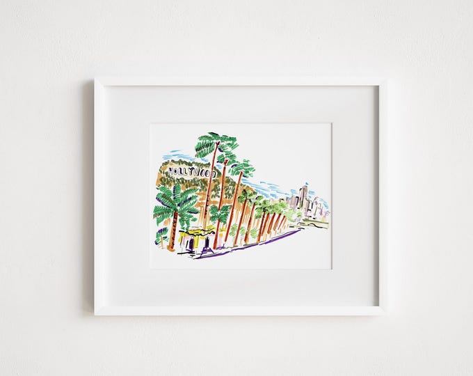 Hollywood Sign Print: Los Angeles Watercolor Illustration