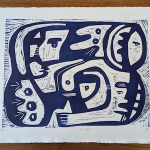 Gravure sur bois originale - Time Together 8/11 - Gravure, visage abstrait, papier, oeuvre d&#39;art originale sur papier