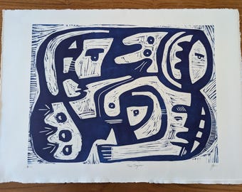 Original Woodcut Print: Abstract Faces, Time Together