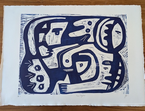 Original Woodcut - Time Together  8/11 - Printmaking Abstract Face Paper Original Art on Paper