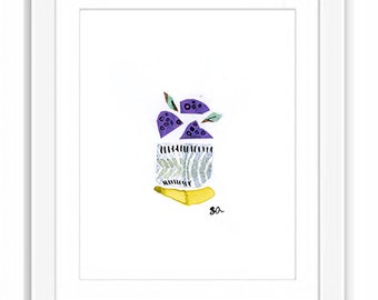 Raspberry Bowl Art Print: Watercolor Collage Illustration