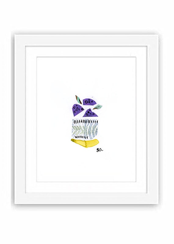 Raspberry Bowl Art Print: Watercolor Collage Illustration
