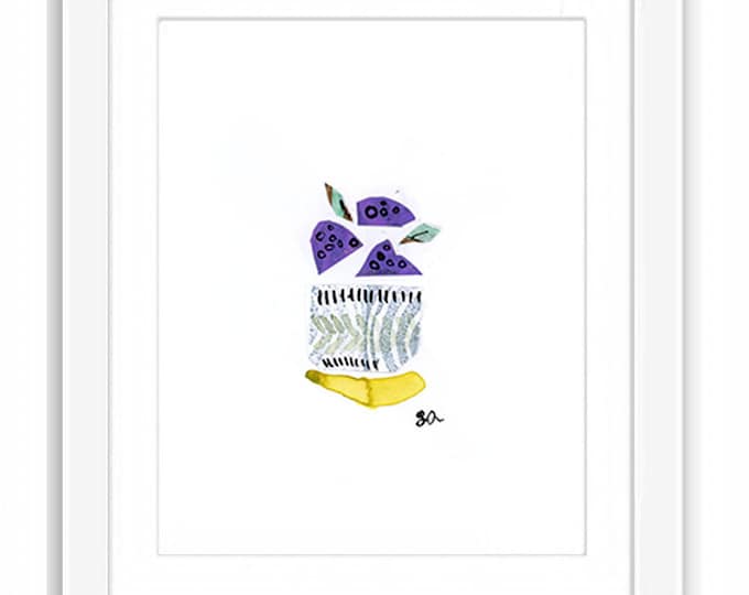 Raspberry Bowl Art Print: Watercolor Collage Illustration